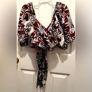 NEW! Satin Crop Top Faux Wrap Shirt Women's Size 12 Tie Back Puff Sleeves